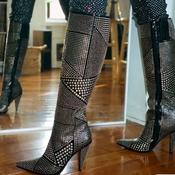 Jeffrey Campbell Studd KH Tall Black Studded Boots Size 7.5 Brand New Never Worn - Picture 2 of 12